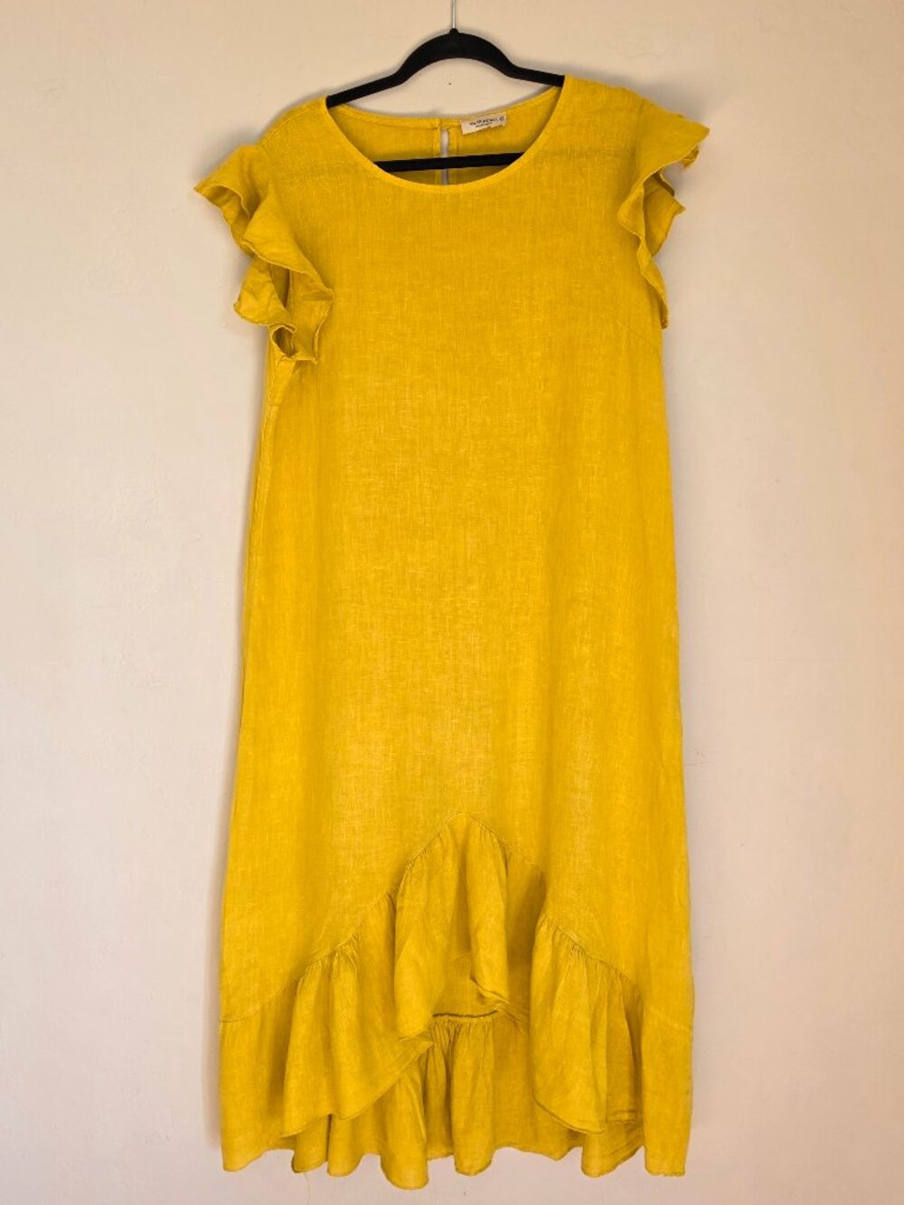Via Signoria 100% Linen Ruffle Dress | Mustard Yellow | Made in Italy | Size M